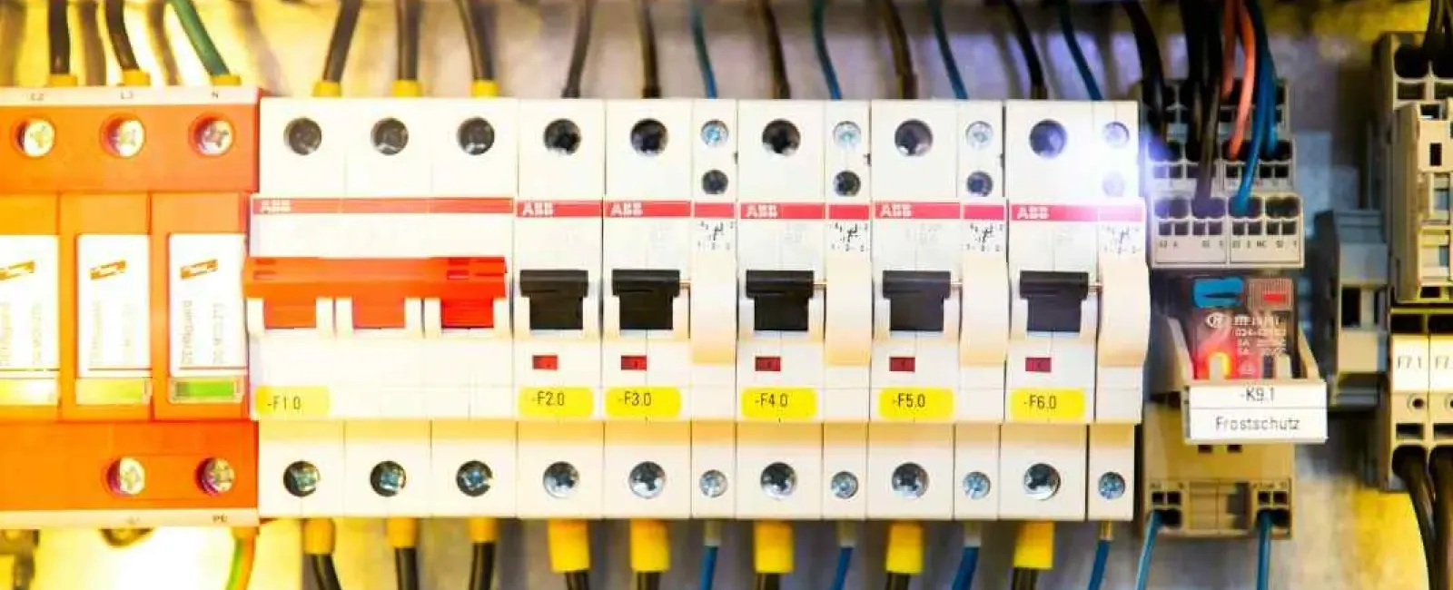Close-up of circuit breakers and wiring inside an electrical distribution panel with labels and colored wires.