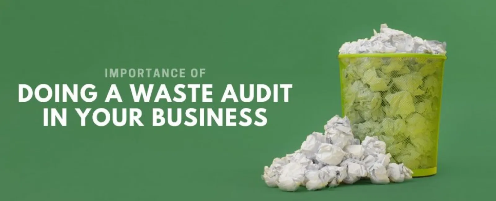 Green wastebasket filled with crumpled paper beside text emphasizing waste audit importance for business