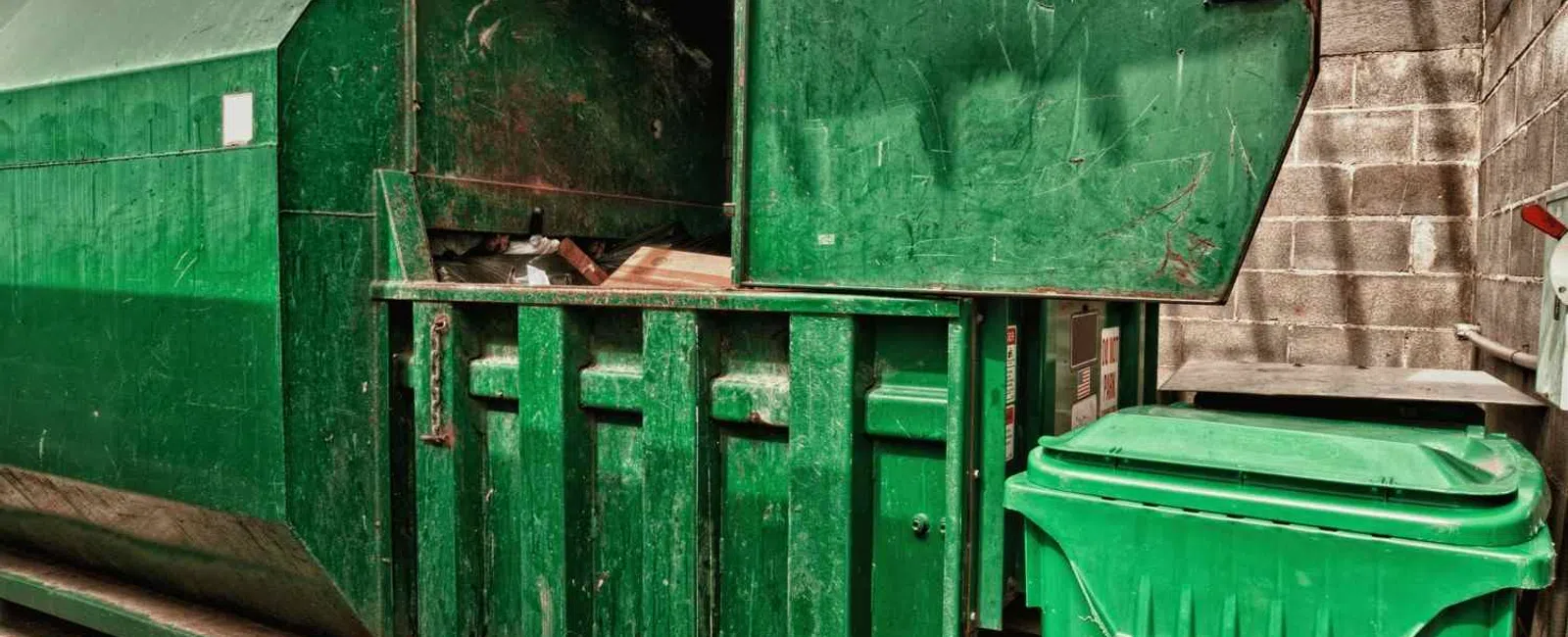 Large green industrial dumpster and green trash bin beside a brick wall on concrete ground under cloudy sky.