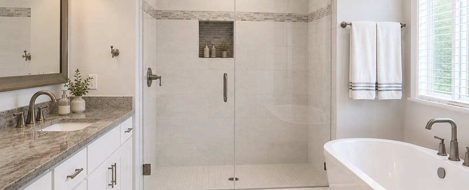 Modern bathroom with white vanity, granite countertop, glass shower, freestanding tub, and natural lighting.