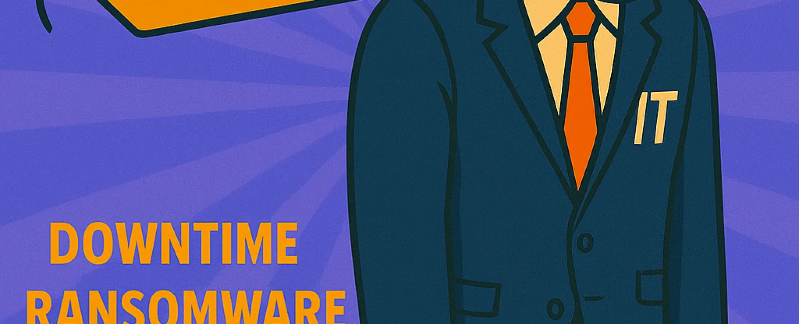 Sad IT worker in suit with £49/month price tag highlighting risks of downtime, ransomware, compliance, and data loss.