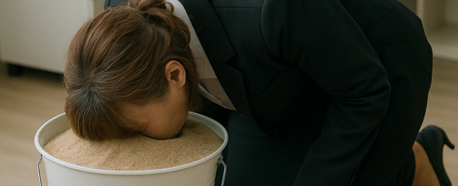 Businesswoman in suit with head buried in a bucket full of sand in an office setting.