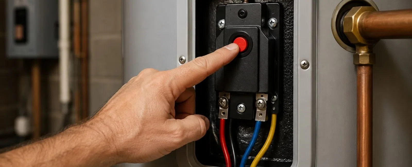 Person pressing red reset button on water heater with visible colored wires and copper pipe