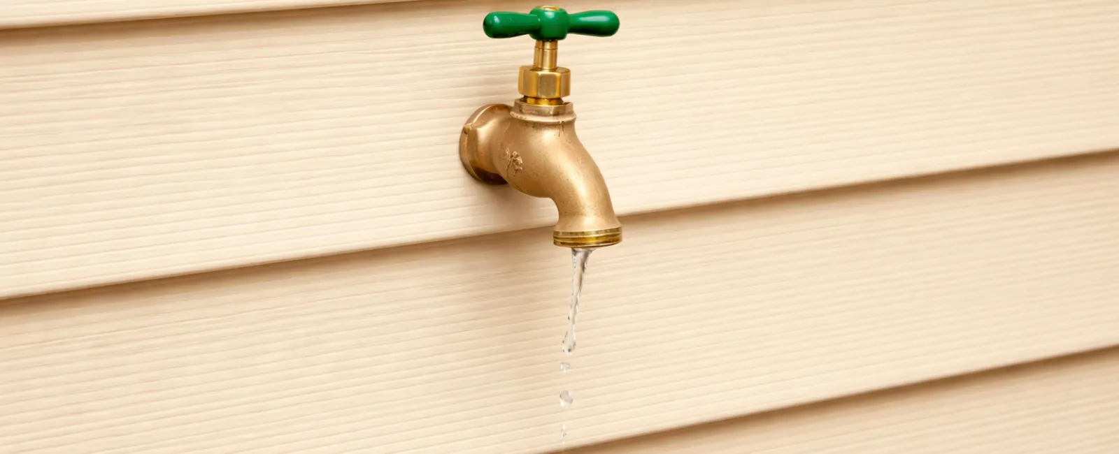 Brass outdoor water faucet with green handle leaking water against beige siding background.