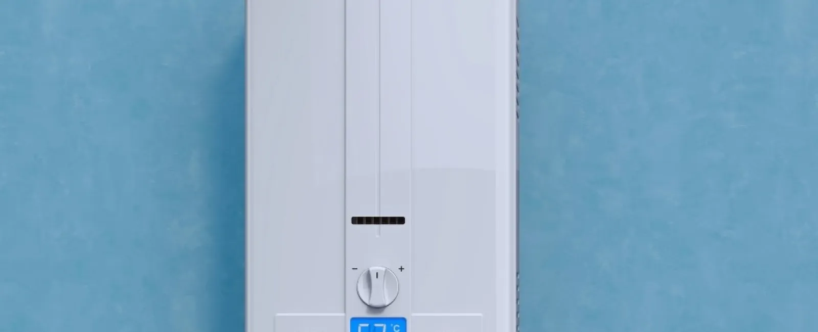 White tankless water heater with temperature and pressure controls mounted on blue wall with metal exhaust pipe.