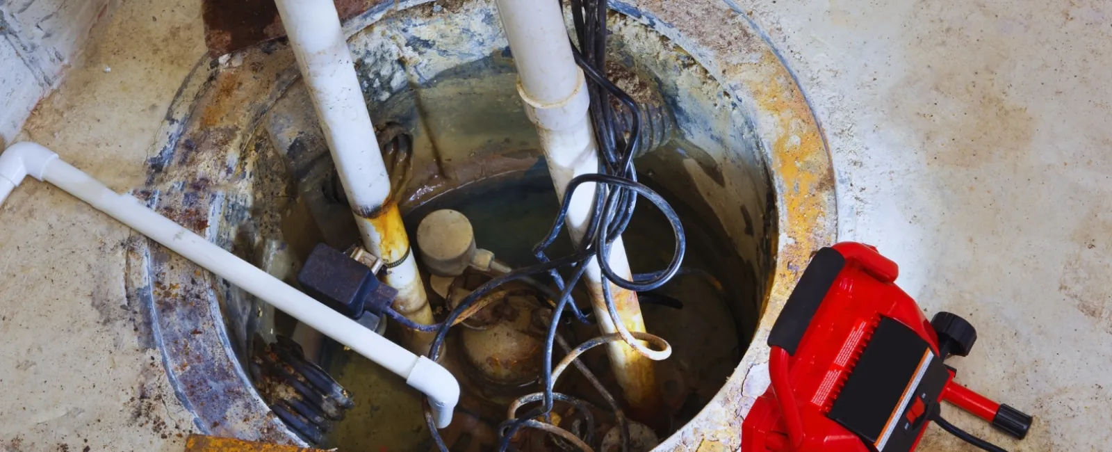 Open sump pit with white pipes and a red sump pump attached with black cables on concrete floor.