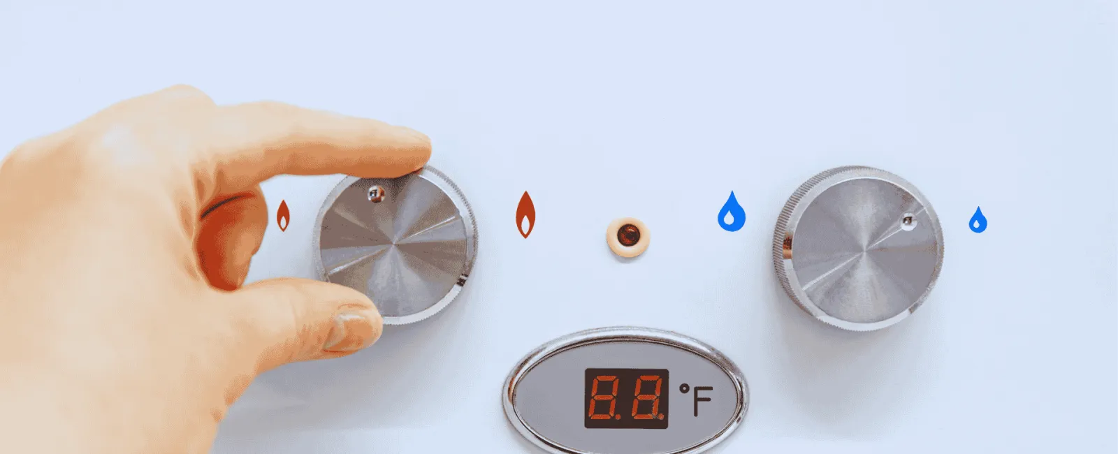 Hand adjusting the temperature knob on a white water heater control panel with digital display showing Fahrenheit.