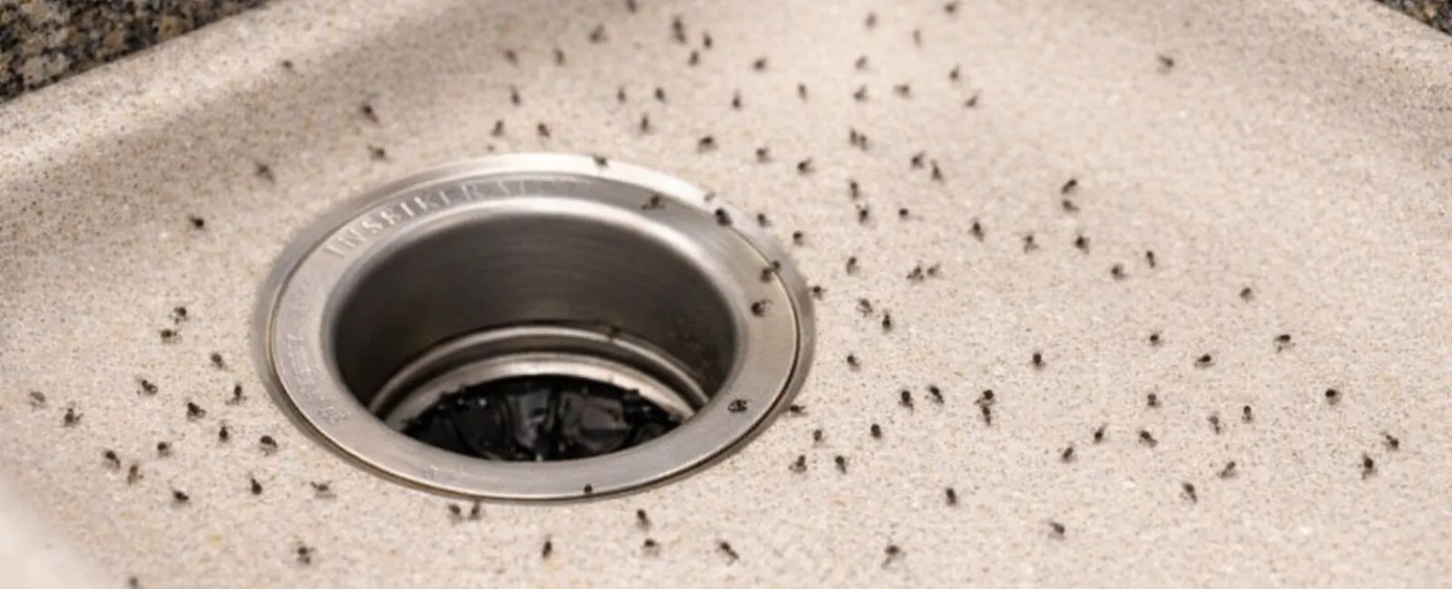 Many small ants gathered around the stainless steel drain in a beige kitchen sink corner.
