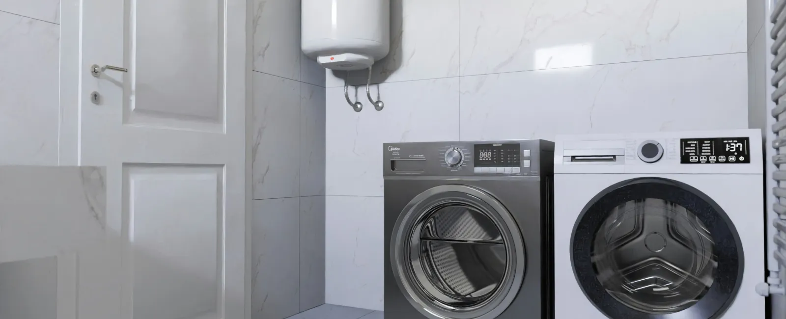 Modern laundry room with white tiled walls, paired front-load washer and dryer, and a white water heater.