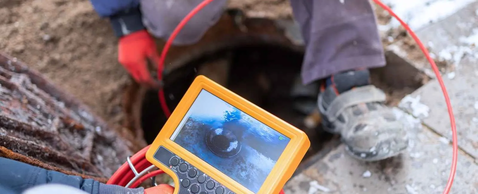 Technician uses a sewer inspection camera with monitor to check pipes through an open manhole outdoors.
