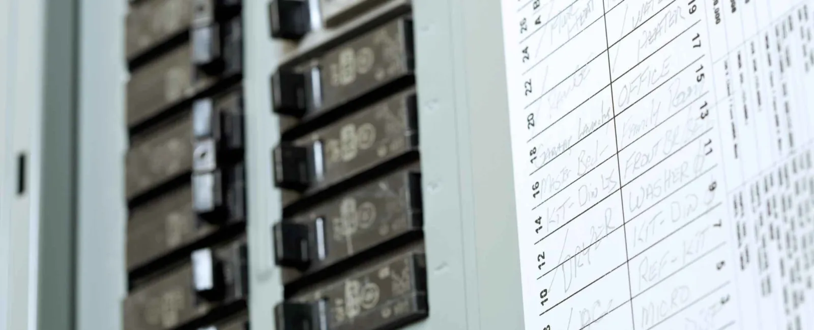 Close-up of an electrical panel with labeled circuit breakers and a hand-written checklist on the side.
