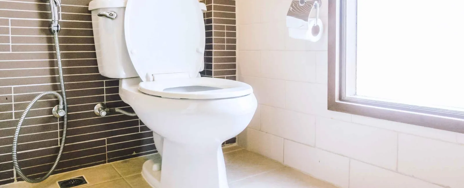 White toilet with open lid in a bright tiled bathroom next to a handheld bidet and window light.