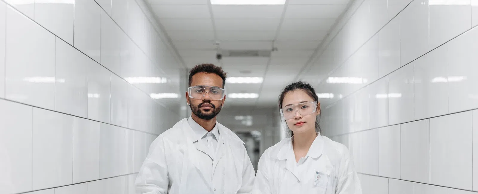 Two scientists in white lab coats and safety goggles holding clipboards in a bright laboratory corridor.