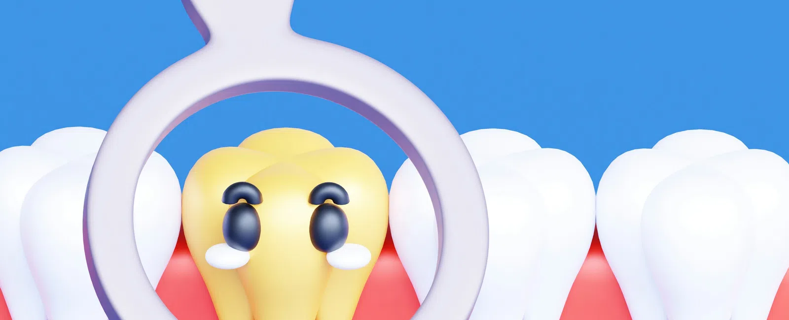 3D cartoon yellow tooth with black eyes and tears under a dental mirror surrounded by healthy white teeth
