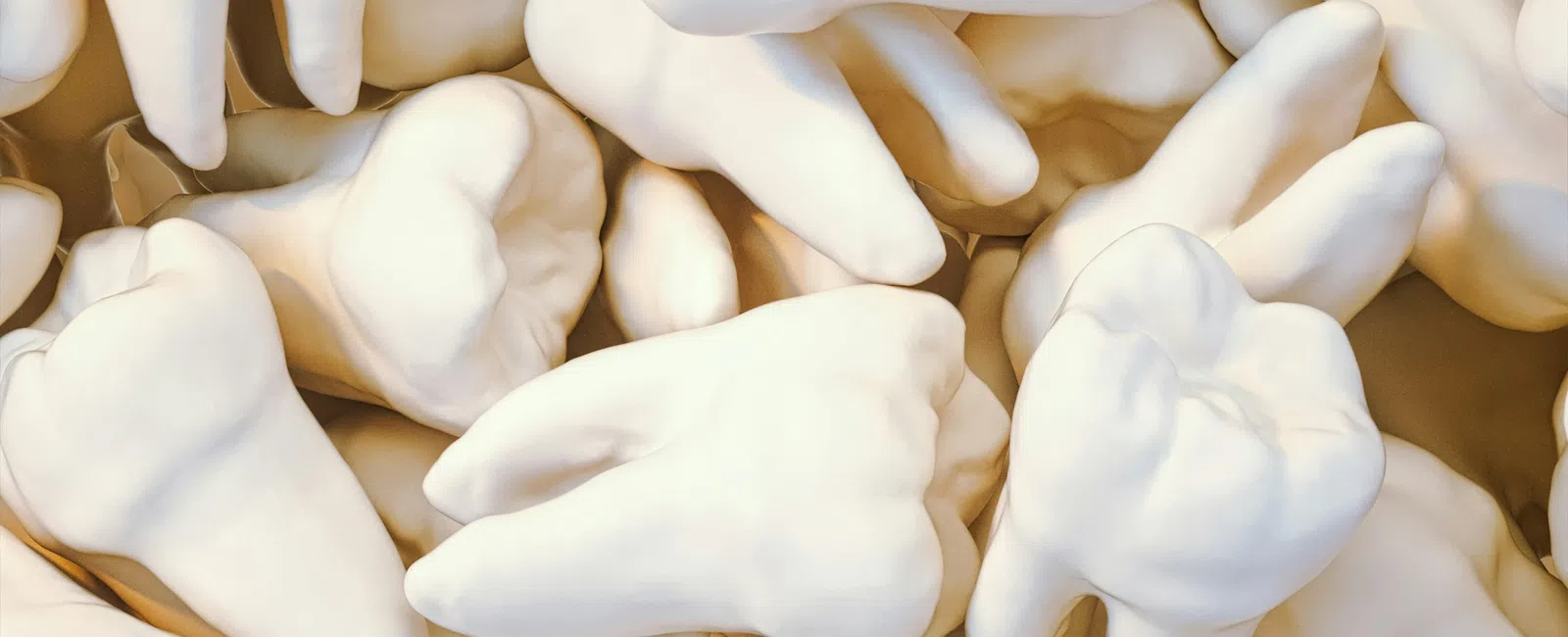 Close-up pile of white human molar teeth with realistic texture and shading tightly packed together.