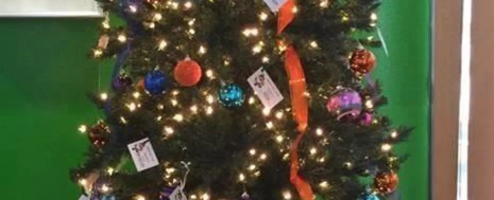 Decorated Christmas tree with multicolor ornaments, orange ribbons, twinkling lights, and colorful ribbon topper indoors.