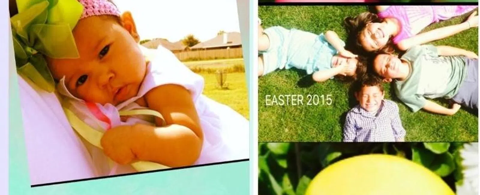 Easter collage with baby’s first Easter photo, colorful eggs, and children lying on grass in 2015 celebration.