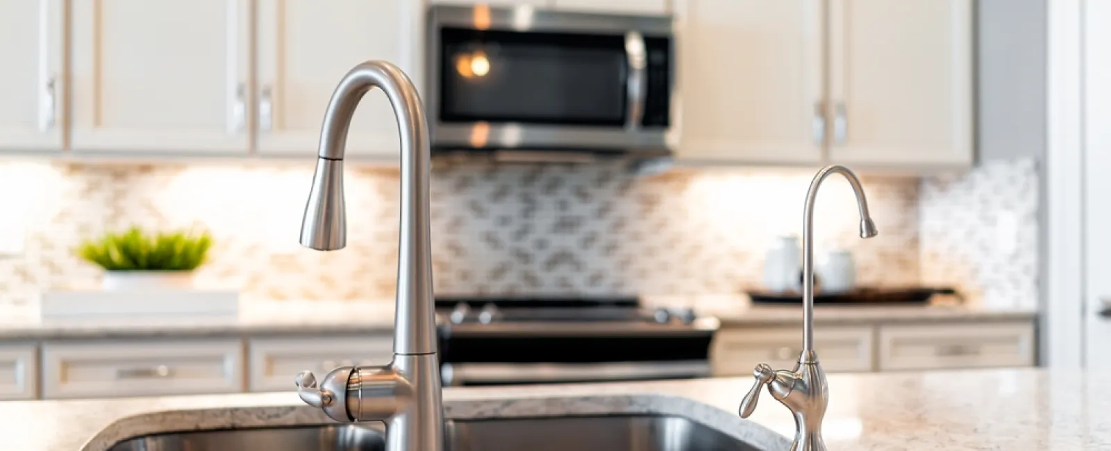 Modern kitchen sink with stainless steel faucets set in a granite countertop with white cabinetry and backsplash.