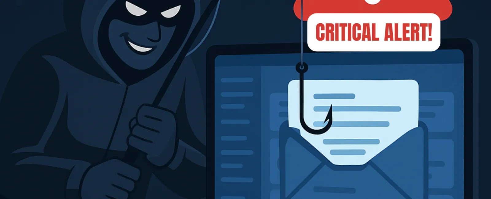 A hacker with a fishing hook near a computer shows a critical alert about phishing threats.