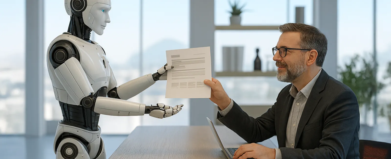 Businessman receiving a document from a humanoid robot in a modern office setting with natural light.