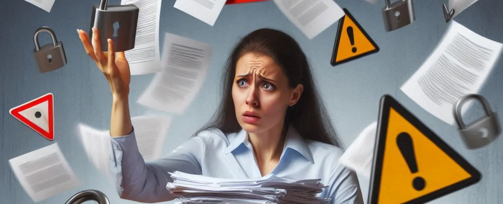 Stressed woman holding a large stack of papers surrounded by flying documents, warning signs, and padlocks.