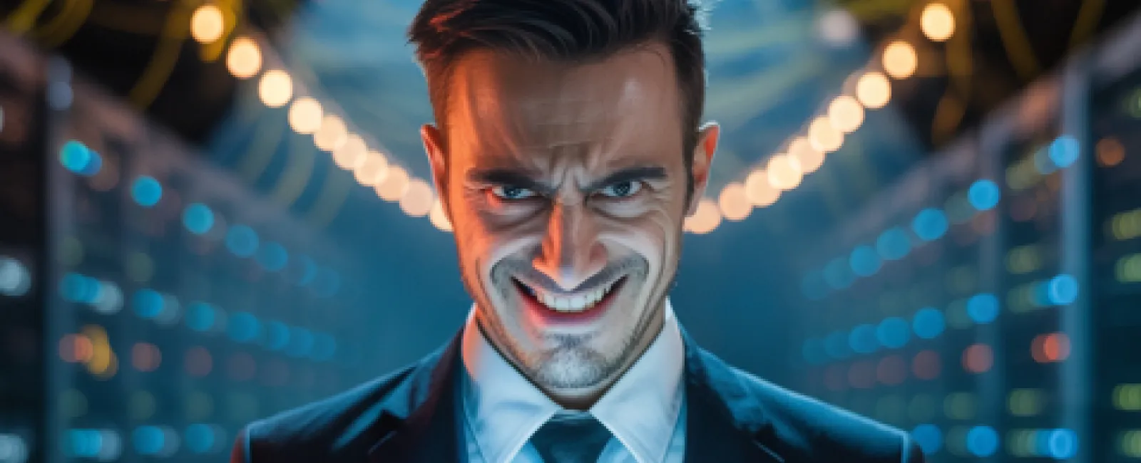 Man with a sinister smile holds laptop showing a jail cell with legal symbols in a server room.