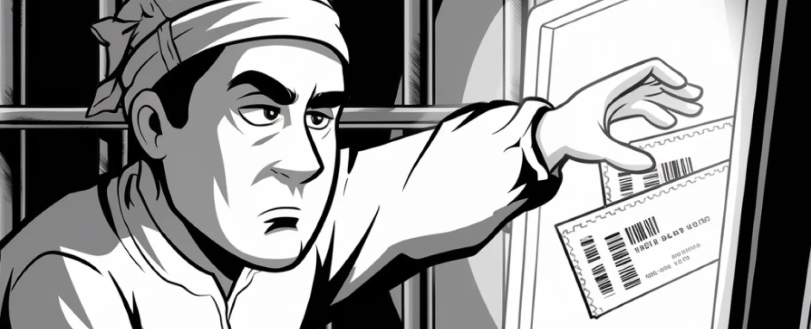 A cartoon of a man in prison reaching for a computer with a barcode ticket.