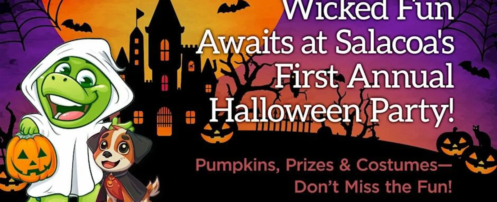 Halloween party announcement with cartoon frog ghost and dog, pumpkins, haunted house, bats, and event details.