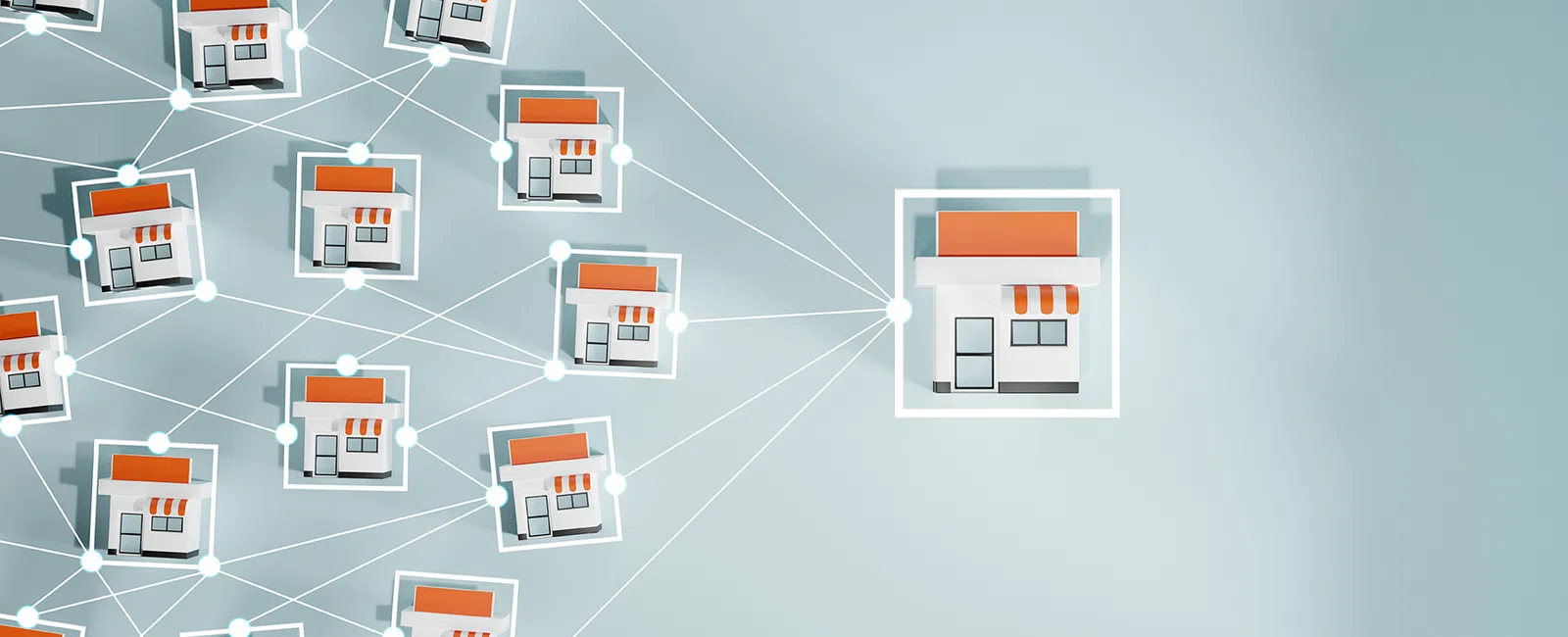 Network of connected small retail store icons with one highlighted, symbolizing franchise or business connections.