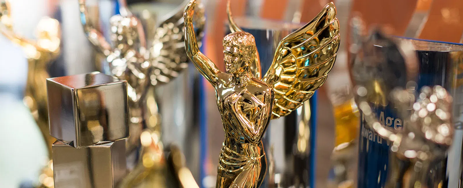 Close-up of golden winged trophy among other metallic and glass awards on a shelf.