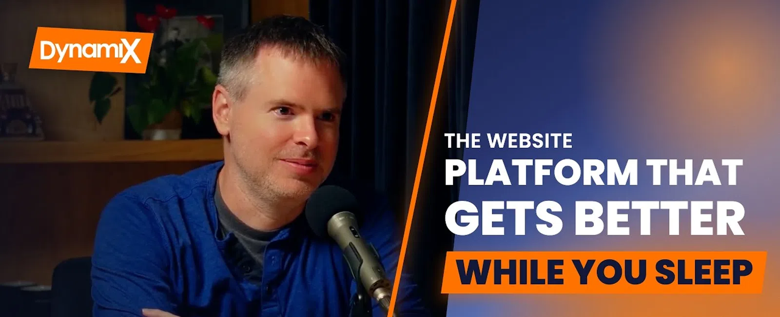 Jeff Jahn, CEO of DynamiX, speaking into a microphone with company logo and tagline about website platform improvement.