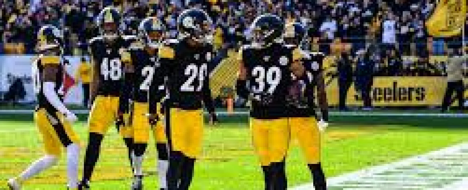 Pittsburgh Steelers players on the field during a game, showcasing team spirit and athleticism.