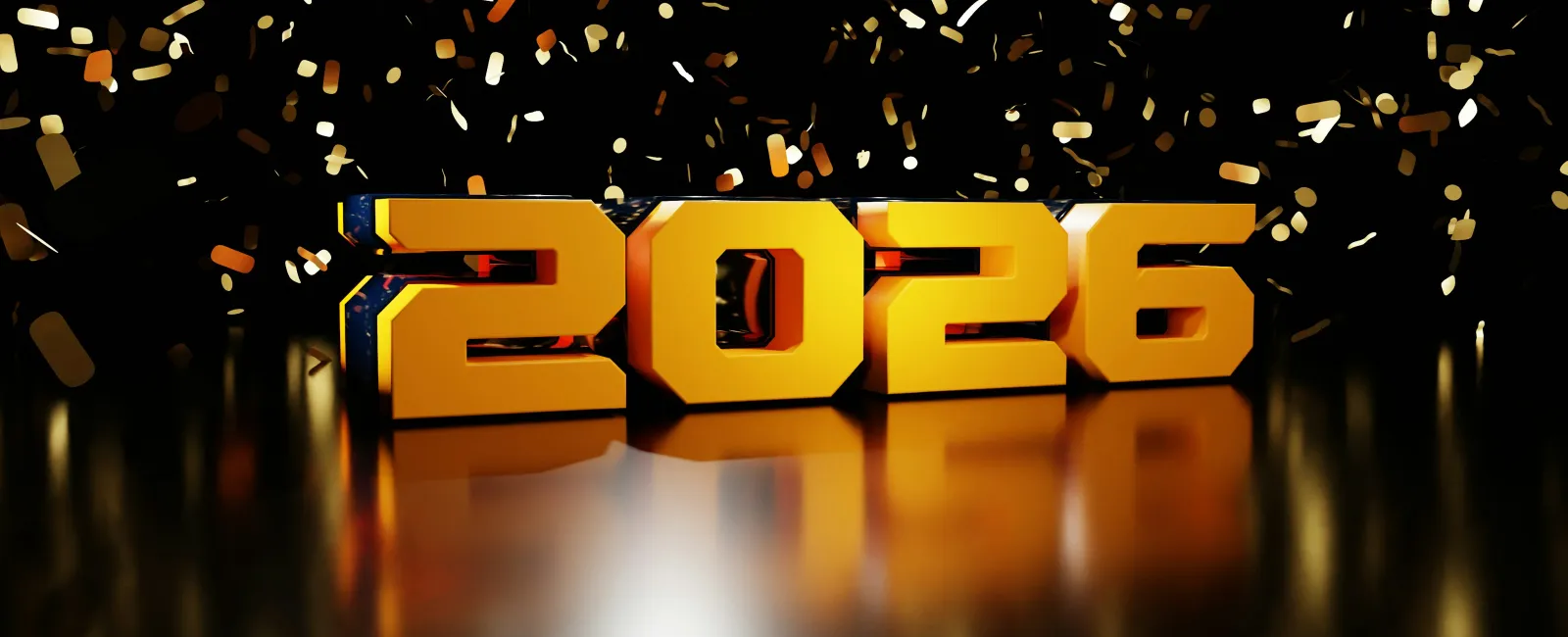 Gold 3D numbers 2026 with falling confetti on a reflective black surface celebrating the new year.