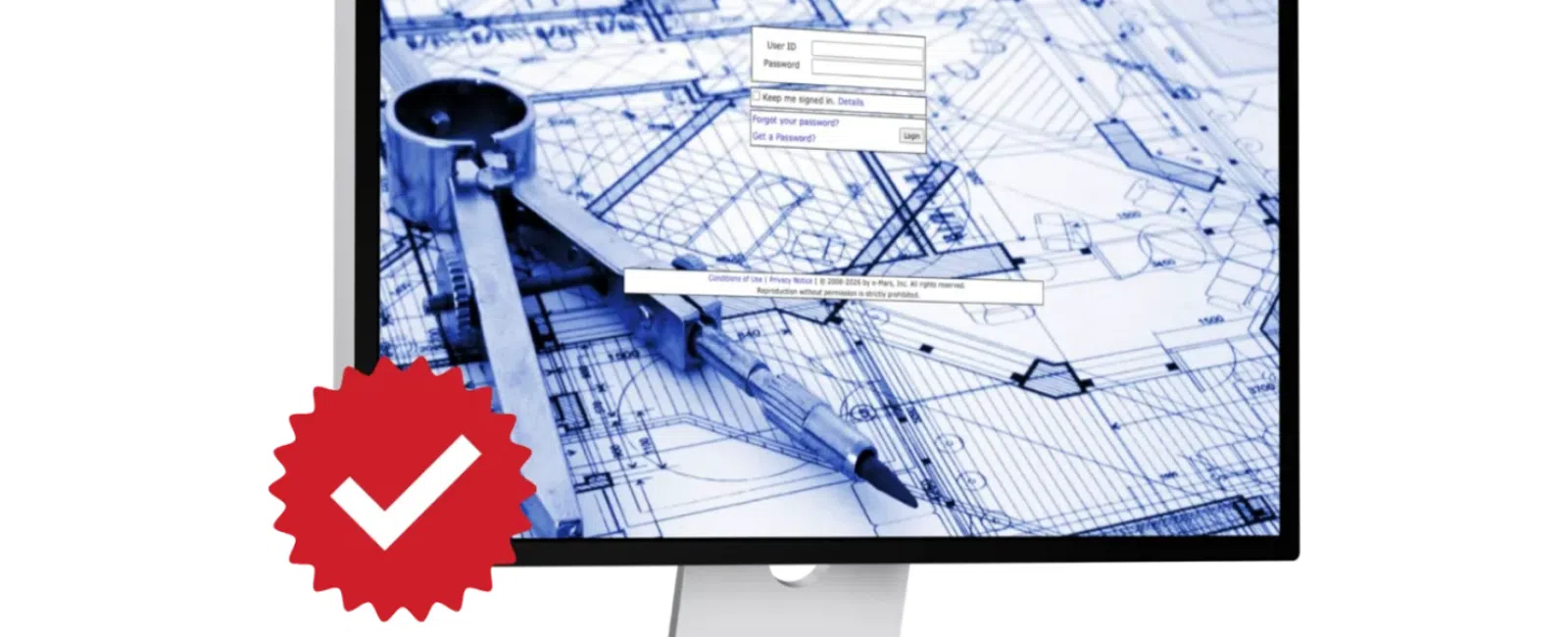 Computer monitor displaying engineering blueprints with overlaid login interface and a red checkmark icon.