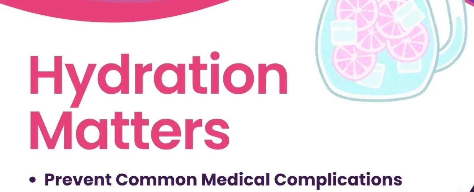 Hydration matters with text on medical benefits and an illustration of a pitcher with lemon water and ice.