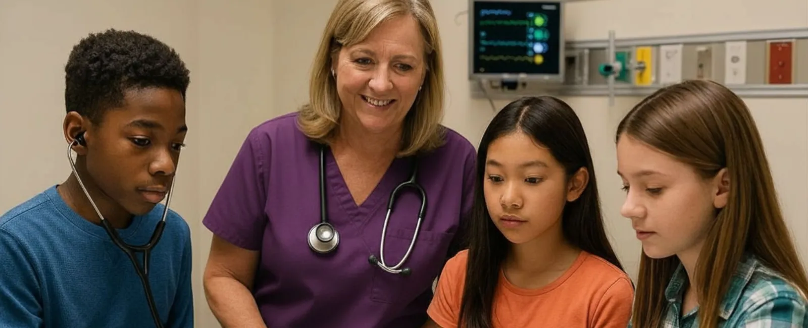 Healthcare instructor guiding students through a hands‑on simulation exercise using a manikin to teach basic clinical skills.