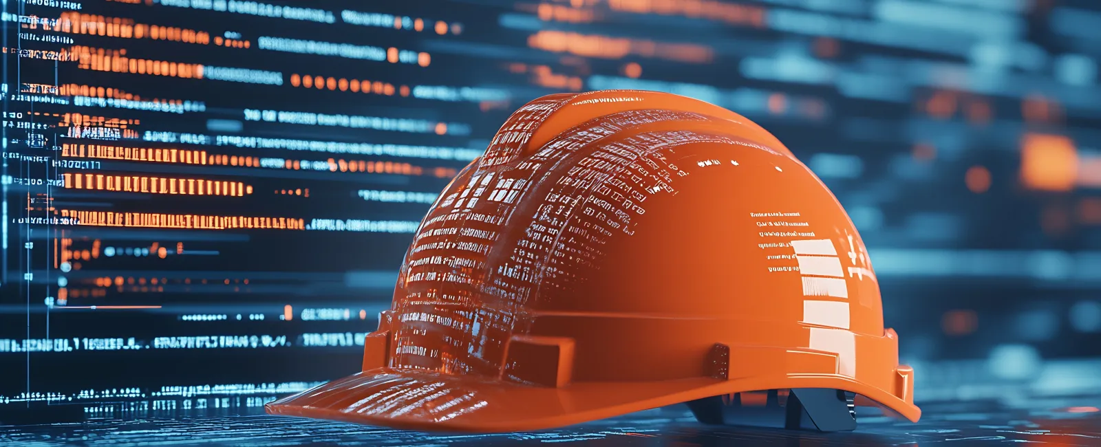 Orange construction helmet with digital code reflections symbolizing technology in engineering and safety.