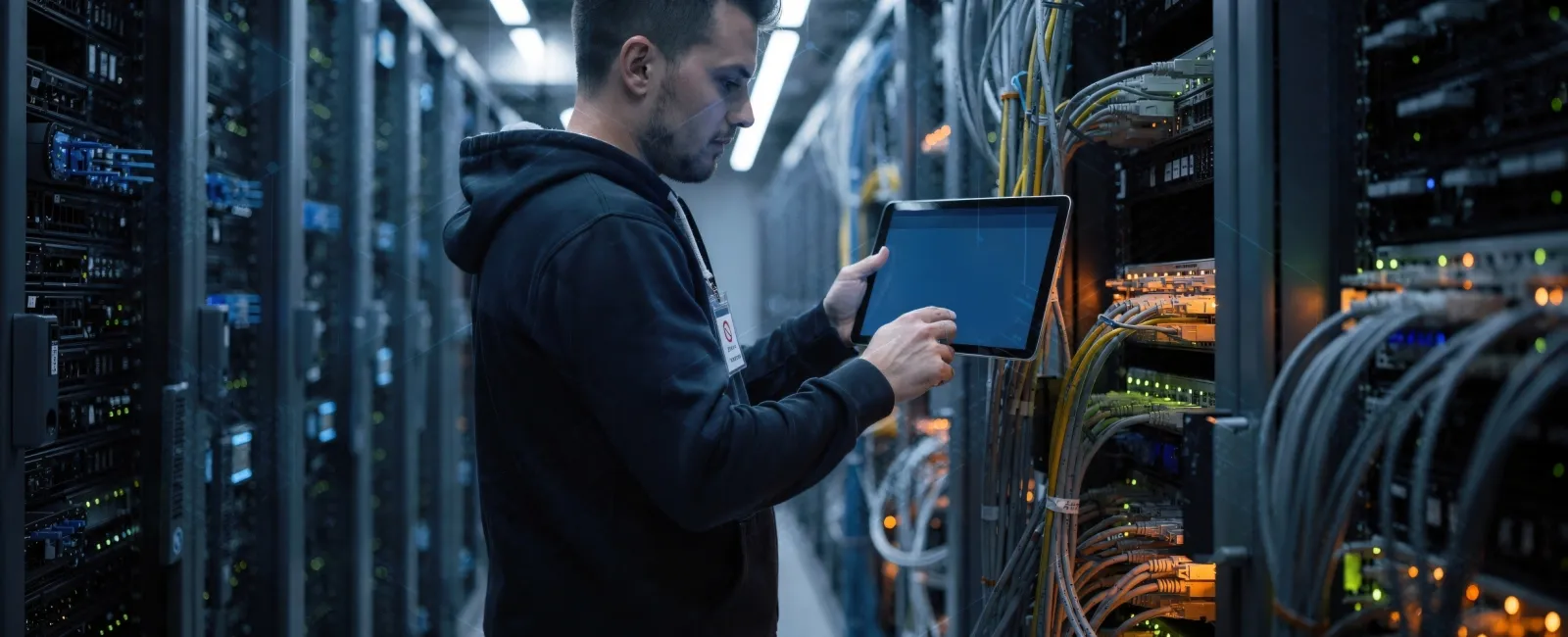 IT technician using tablet to manage and check servers in a data center with network cables and equipment.