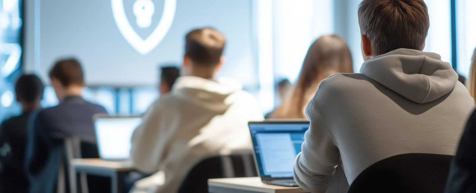 Students in a classroom attending a cybersecurity lecture with a digital shield and lock icon on screen.