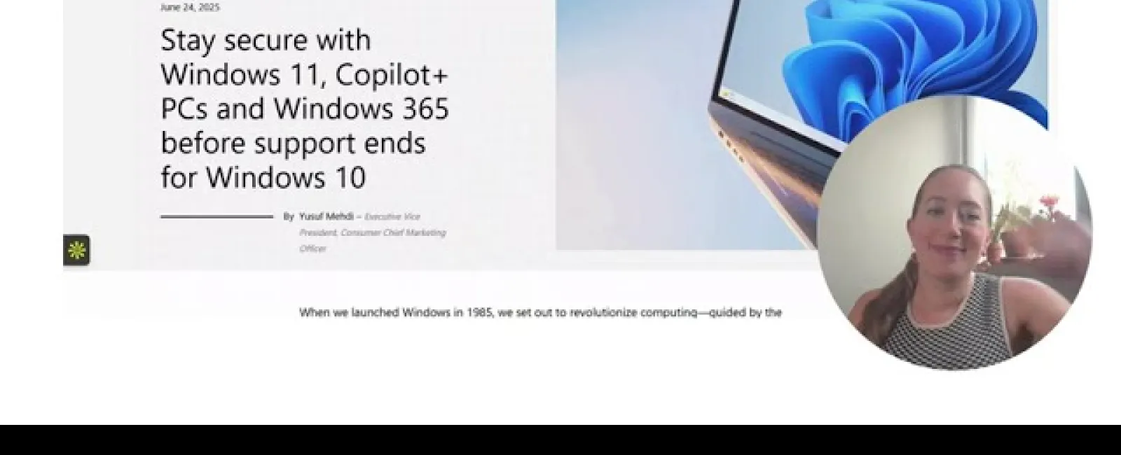 Windows blog page highlighting security updates for Windows 11 and Windows 365 with a laptop image and inset video speaker.
