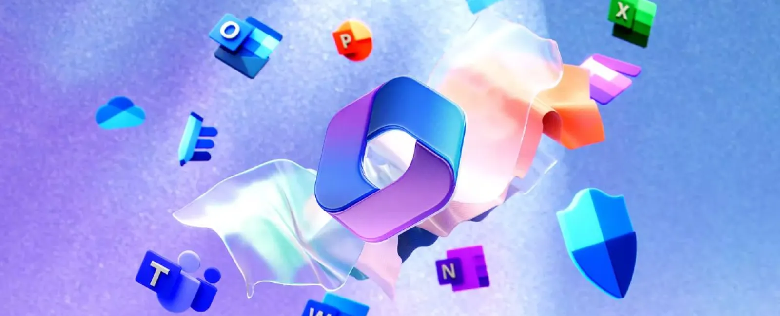 Floating Microsoft Office icons including Word, Excel, PowerPoint, Outlook, Teams, and OneNote on blue background