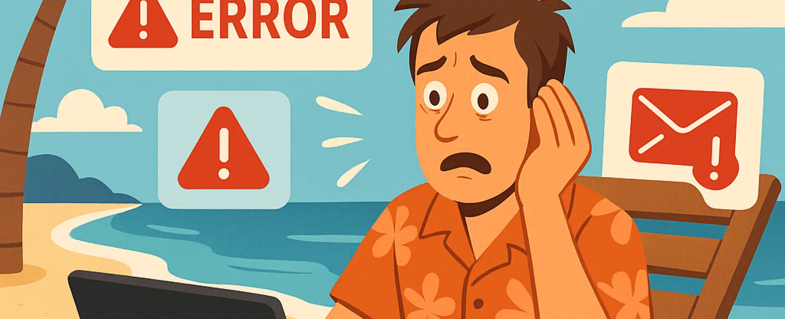 Worried man in a tropical shirt at the beach facing laptop with error and warning alerts popping up.