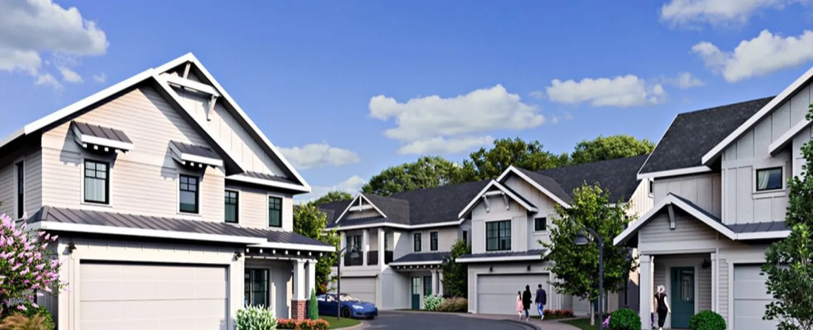 Modern suburban neighborhood with white two-story houses, garages, trees, and people under a bright blue sky.