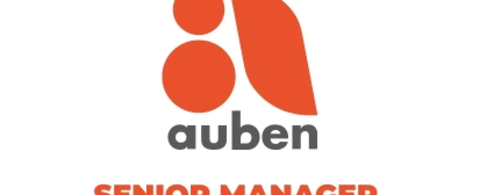 auben logo with red shapes and text, accompanied by bold red text saying Senior Manager on white background