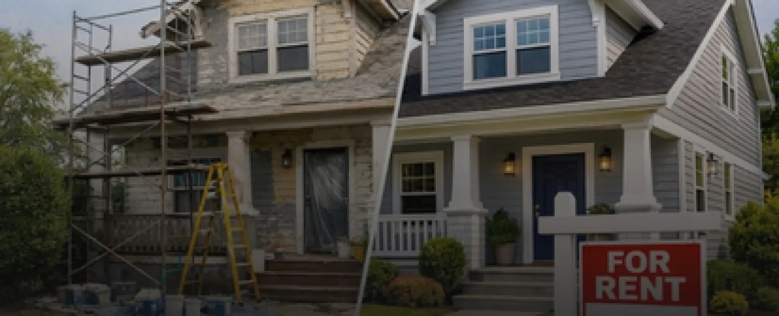 Split image showing house renovation with scaffolding on left and finished rented home with For Rent sign on right.