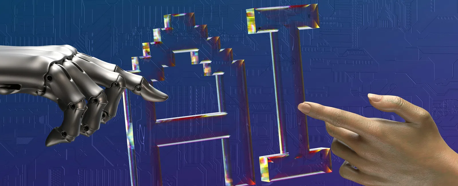A robotic hand and a human hand reaching towards holographic AI letters on a blue circuit board background