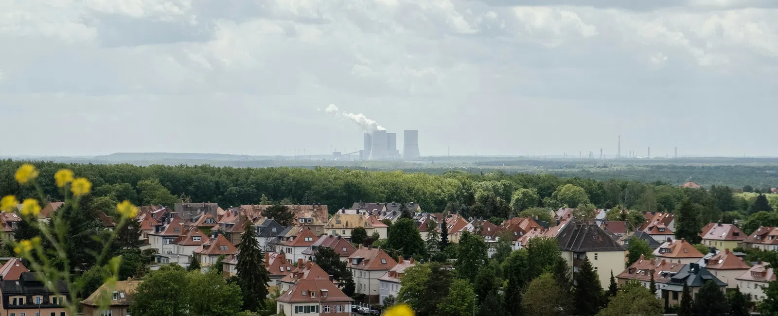 Residential houses with red roofs surrounded by greenery and yellow flowers, with a distant power plant under a cloudy sky