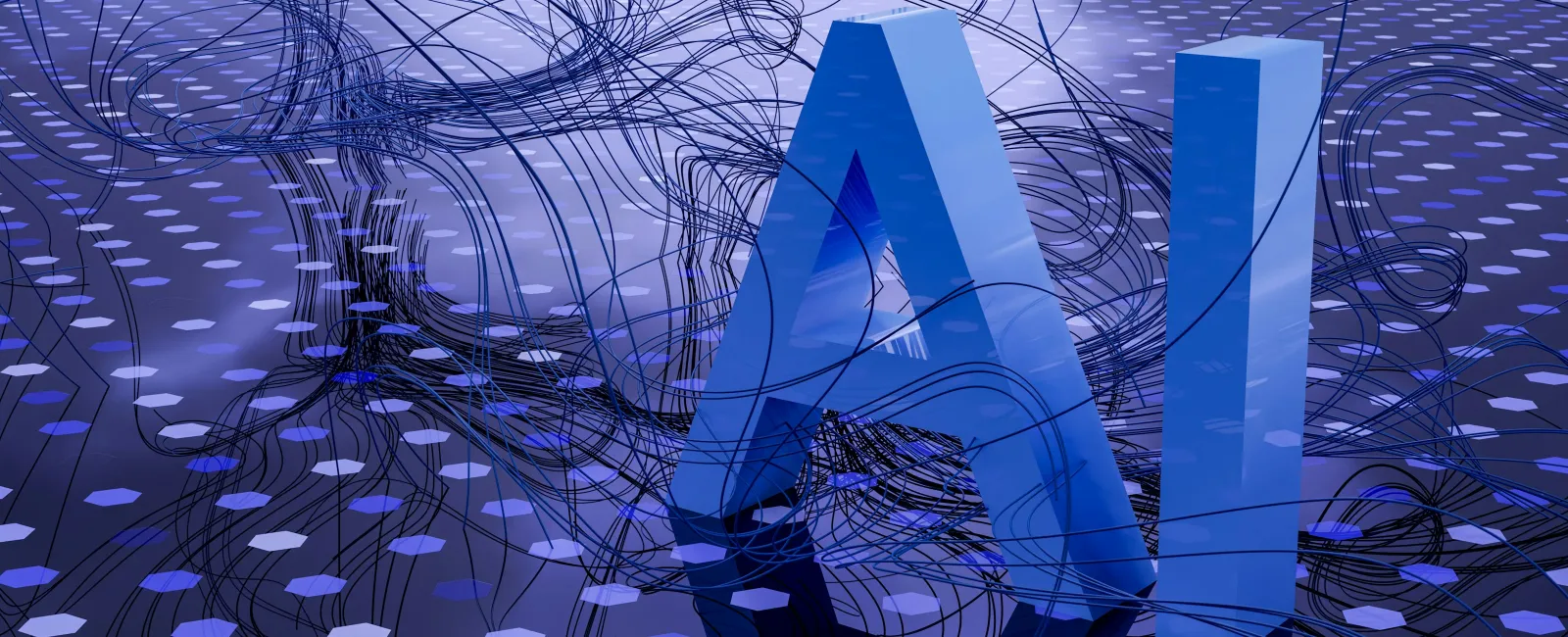 Blue 3D letters AI with flowing black lines and hexagonal digital patterns on a reflective surface.