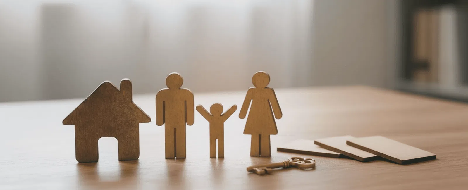 Wooden figures of a house, family, and key on a wooden table symbolizing homeownership and family security.