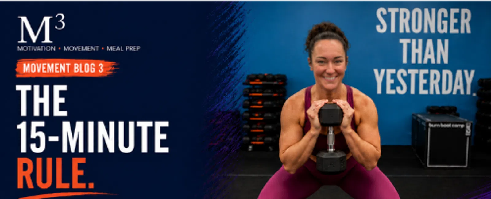 Woman doing a squat with a dumbbell in gym promoting the 15-minute rule for fitness motivation and movement.